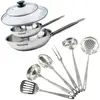 Image de Set De 2 Poêles 20 Et 28 Cm En Inox, 2 Couvercles Verre Et 6 Ustensiles Inox Fackelmann Eterna