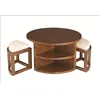 Image de MACABANE EDEN - Table basse ronde marron 2 tabourets avec coussins écrus bois Mindi