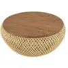 Image de Sixtine - table basse ronde diam68 plateau bois teck recyclé rotin beige