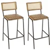 Image de MACABANE MARCEL - Lot de 2 tabourets de bar cuir et bois manguier / cannage