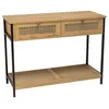 Image de MACABANE CHARLIE - Console bois marron 2 tiroirs 1 étagère cannage pieds métal