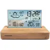 Image de Réveil Station Météo Bois Clair Affichage Température, Hygrométrie, Double Alarme, Usb-c, Sonde Sans Fil