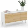 Image de Buffet bas scandinave 113 cm finn 3 portes blanc et bois façon hêtre