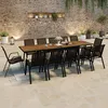 Image de IDMARKET Salon de jardin NOUMEA table extensible 135/270 CM plateau verre trempé effet bois et 12 chaises empilables noir et bois
