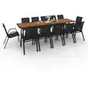 Image de Ensemble table et chaises de jardin noumea table extensible 135-270 cm plateau verre trempé effet bois et 12 chaises empilables noir et bois