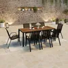 Image de IDMARKET Salon de jardin NOUMEA table 190 cm plateau verre trempé effet bois et 8 chaises empilables noir et bois