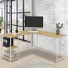 Image de IDMARKET Bureau dangle en forme de L DETROIT design industriel bois et métal blanc