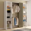Image de IDMARKET Dressing extensible double MERYL 120/180 x 50 x 180 cm blanc avec étagères hêtre + double penderie + rideau taupe