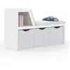 Image de Bibliothèque banc oscar 4 cases avec coussins gris et bacs tissus 102 cm blanc
