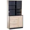 Image de Armoire de cuisine multi-rangements 2 portes 3 tiroirs 3 étagères + grand plateau 90l x 39l x 169h cm bicolore chêne clair noir