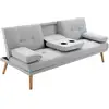 Image de Canapé convertible 3 places design scandinave inclinaison dossier réglable 3 niveaux dossier central rabattable 2 porte-verres bois massif lin gris clair