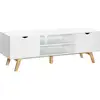 Image de Meuble tv bas sur pied style scandinave 2 portes 2 niches passe-fils panneaux particules mdf blanc bois massif hévéa