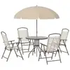 Image de Ensemble salon de jardin 6 pcs - table ronde + 4 chaises pliables + parasol - acier époxy café textilène polyester beige