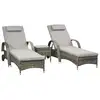 Image de Lot de 2 transats bains de soleil grand confort : matelas, têtière, inclinaison réglable multipostions, accoudoirs, roulettes + table basse verre trempé résine tressée grise