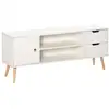 Image de Meuble tv banc tv style scandinave placard 2 niches 2 tiroirs passe-fils panneaux particules blanc bois pin
