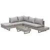 Image de Ensemble salon de jardin d'angle 5 places design contemporain coussins déhoussables table basse acier époxy résine tressée grise