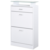 Image de Armoire à chaussures organisateur de luxe pour chaussures 2 portes abattantes 2 compartiments, tiroir, étagère verre panneaux particules blanc