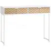 Image de Table console industriel 2 tiroirs aspect bois de chêne sculpté motif à chevrons piètement métal blanc