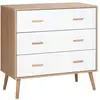 Image de Commode design scandinave sur pieds 3 tiroirs coulissants pieds effilés inclinés panneaux particules blanc aspect bois clair