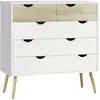 Image de Commode 5 tiroirs design scandinave meuble de rangement chambre panneau de particules 99 x 39 x 101 cm blanc aspect chêne clair