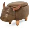 Image de Tabouret vache - pouf vachette - pouf taureau coffre de rangement 2 en 1 - pieds bois d'hévéa revêtement synthétique aspect daim vieilli marron