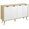 Image de Buffet design scandinave 4 portes 2 étagères piètement bois de pin panneaux portes motif chevrons blanc aspect bois clair