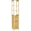 Image de Meuble colonne rangement salle de bain style cosy dim. 34l x 30l x 173h cm porte à lattes 3 étagères bambou mdf aspect bois clair