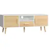 Image de Meuble tv bas sur pied style scandinave 2 portes niche tiroir piètement effilé incliné bois panneaux blanc aspect bois clair