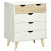 Image de Commode design scandinave 5 tiroirs coulissants piètement bois effilé incliné panneaux blanc aspect bois clair