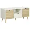 Image de Meuble tv banc tv style scandinave 2 portes tiroir niche piètement bois de pin panneaux blanc aspect chêne clair