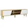 Image de Meuble tv bas sur pied style scandinave 2 portes 2 niches piètement effilé incliné bois panneaux blanc aspect chêne clair