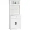 Image de Buffet haut 4 portes étagère niche tiroir coulissant plan de travail poignées métal noir verre trempé mdf blanc