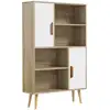 Image de Bibliothèque scandinave 4 niches + 2 placards avec étagère dim. 80l x 24l x 123h cm pieds effilés inclinés bois massif panneaux particules naturel et blanc
