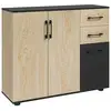 Image de Buffet rangement 3 portes étagère 2 tiroirs coulissants panneaux aspect bois clair noir