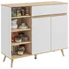 Image de Buffet design scandinave 2 portes tiroir coulissant 4 niches piètement bois de pin panneaux blanc aspect chêne clair