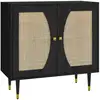 Image de Buffet 2 portes 2 étagères design contemporain cannage rotin panneaux aspect bois noir