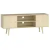 Image de Meuble tv style scandinave 2 portes 2 niches passe-fils piètement bois pin panneaux naturel