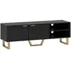 Image de Meuble tv design contemporain 2 portes effet cannelé 2 niches piètement poignées métal doré mdf noir