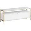 Image de Meuble tv design art déco 2 portes battantes étagère dim. 124 x 35 x 50 cm acier doré effet bois blanc