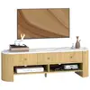 Image de Meuble tv design ovale effet marbre blanc 140 x 40 x 43 cm 3 tiroirs 2 niches aspect bois clair