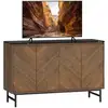 Image de Meuble tv 120 cm, pour téléviseur jusqu'à 55 pouces avec 4 portes, plateau effet marbre, étagères réglables et pieds en acier