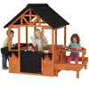 Image de Cabane enfant extérieur - AIYAPLAY - table bancs évier porte fenêtre et supports de fleurs - bois - 1663x1125x1397cm - marron
