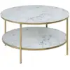 Image de Table basse ronde effet marbre en verre et métal 2 niveaux - l.80 cm x h. 45 cm - doré et blanc