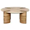 Image de Bobochic table basse ronde d.90 cm cerseï plateau travertin et pieds bois massif de manguier clair CERSEI