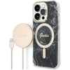 Image de Bundle Coque Pour Iphone 14 Pro Motif Marbré Et Chargeur Sans Fil Qi Magsafe 15w Noir Guess
