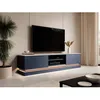 Image de Meuble TV 2 tiroirs et 2 niches avec LEDs en MDF - Bleu et effet marbre blanc - DEVIKA