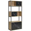 Image de Bibliothèque avec 4 portes et 2 niches en MDF et acier - Effet marbre noir et naturel - YELANIA
