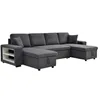 Image de Canapé dangle panoramique convertible avec rangements et poufs en tissu gris anthracite SELIM