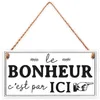 Image de Plaque en Bois coloris Noir modèle Le Bonheur cest par ici 20x10 cm