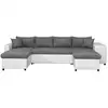 Image de Canapé panoramique oslo convertible avec coffres, poufs à droite en simili blanc et microfibre grise